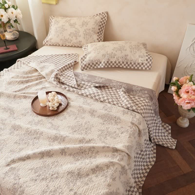 Floral Checkerboard Cotton Gauze Quilt Blanket - image 2