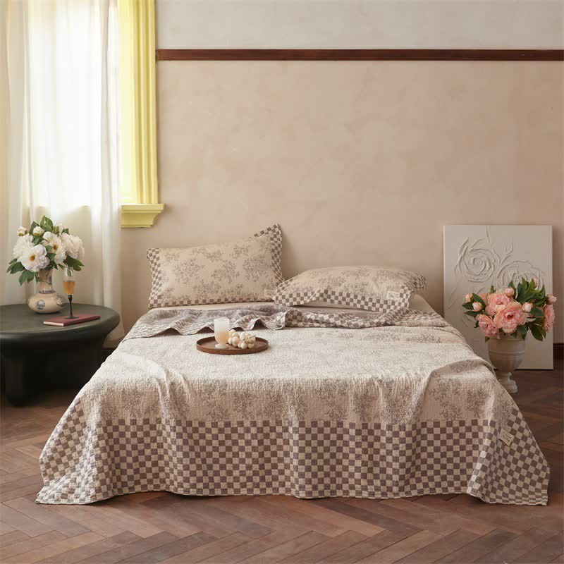 Floral Checkerboard Cotton Gauze Quilt Blanket - Beige - King - image 0