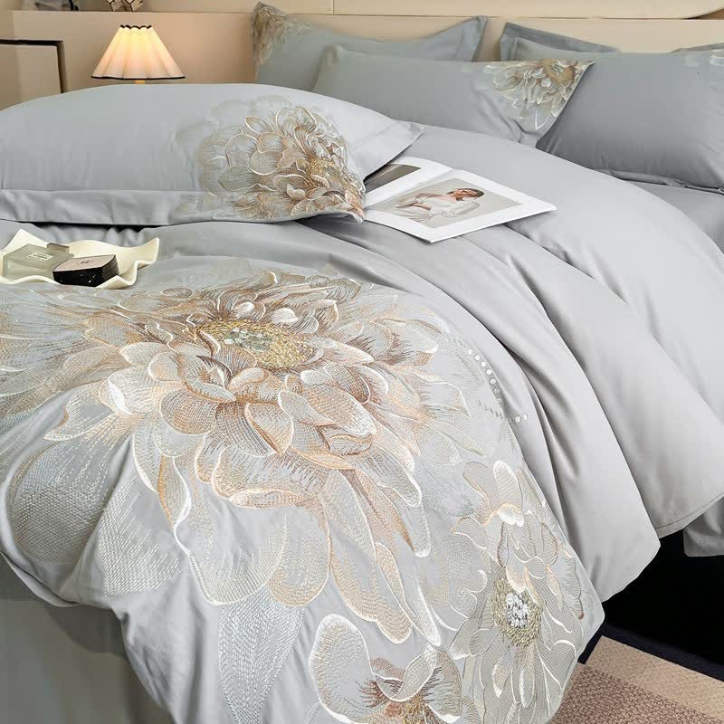 Luxury Peony Embroidered Cotton Bedding Set(4PCS) - image 6