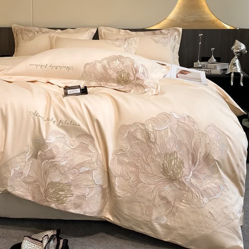 Luxury Peony Embroidered Cotton Bedding Set(4PCS) - Beige - King - image 9