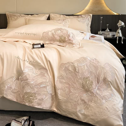 Luxury Peony Embroidered Cotton Bedding Set(4PCS) - Beige - King - image 9