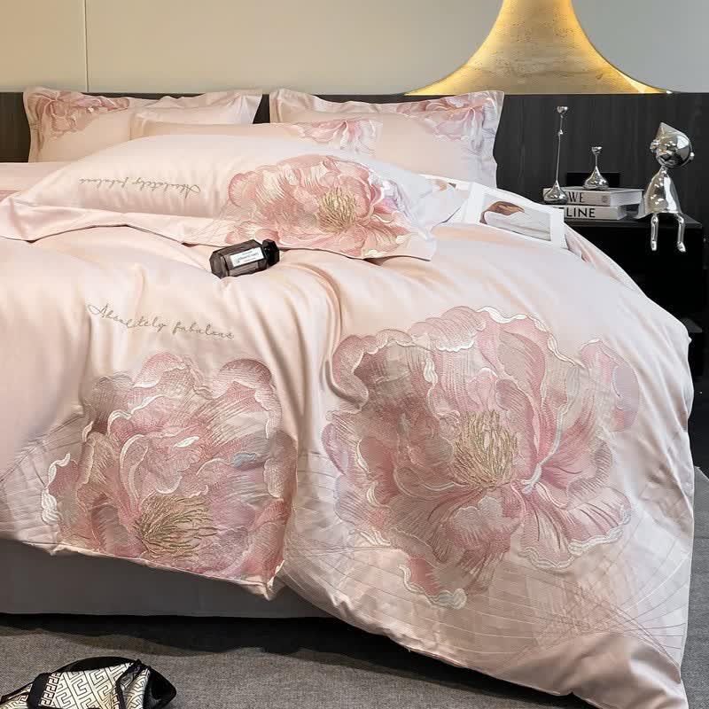 Luxury Peony Embroidered Cotton Bedding Set(4PCS) - Pink - King - image 11