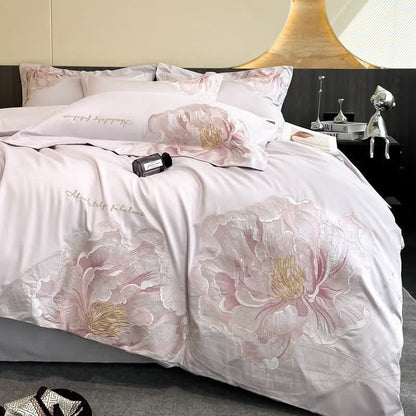 Luxury Peony Embroidered Cotton Bedding Set(4PCS) - Purple - King - image 14