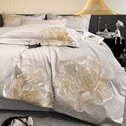 Luxury Peony Embroidered Cotton Bedding Set(4PCS) - Gray - King - image 4