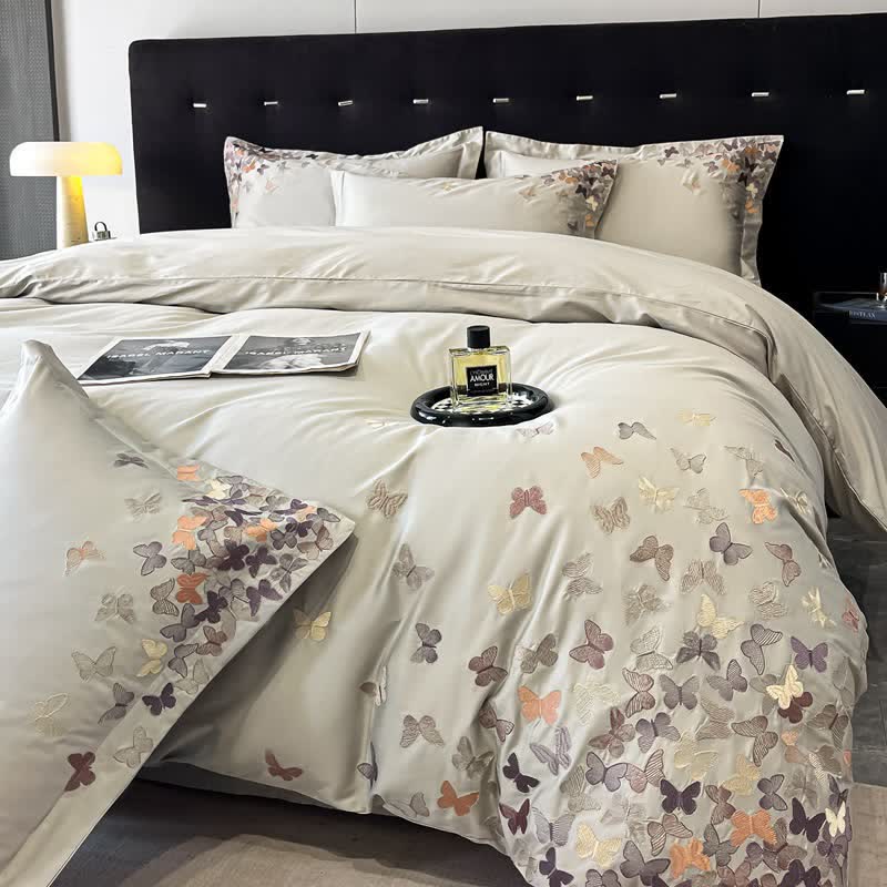 Butterfly Embroidered Pure Cotton Bedding Set(4PCS) - Gray - King - image 3