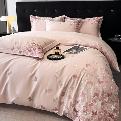 Butterfly Embroidered Pure Cotton Bedding Set(4PCS) - Pink - King - image 12