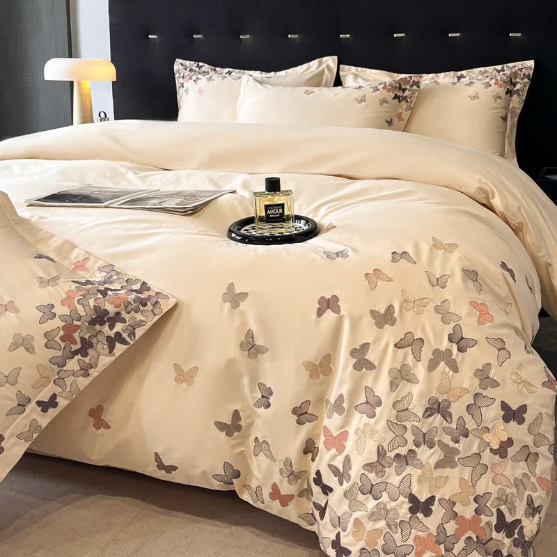 Butterfly Embroidered Pure Cotton Bedding Set(4PCS) - Light Yellow - King - image 8