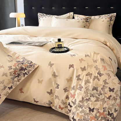 Butterfly Embroidered Pure Cotton Bedding Set(4PCS) - Light Yellow - King - image 8