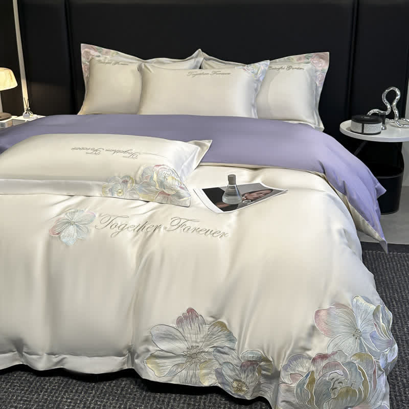 Luxury Floral Embroidered Cotton Bedding Set(4PCS) - White & Purple - King - image 4