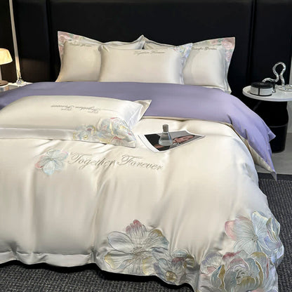 Luxury Floral Embroidered Cotton Bedding Set(4PCS) - White & Purple - King - image 4