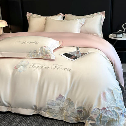 Luxury Floral Embroidered Cotton Bedding Set(4PCS) - White & Pink - King - image 0