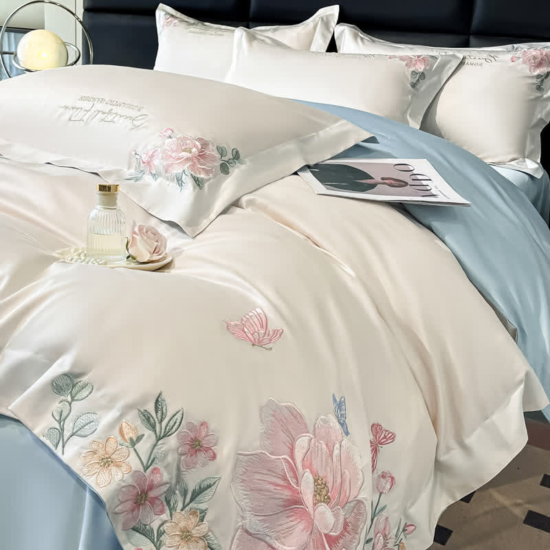 Floral & Butterfly Embroidered Cotton Bedding Set(4PCS) - White & Blue - King - image 3