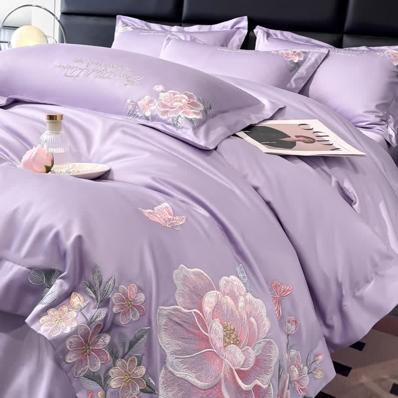 Floral & Butterfly Embroidered Cotton Bedding Set(4PCS) - Purple - King - image 2