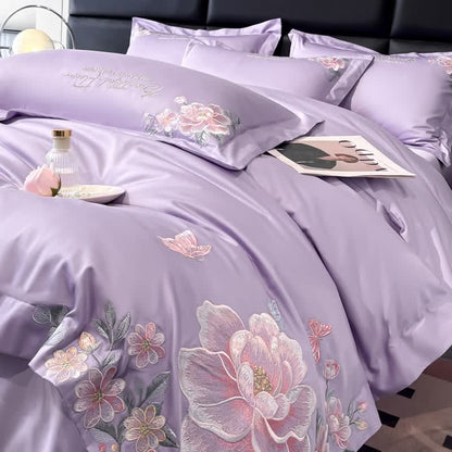 Floral & Butterfly Embroidered Cotton Bedding Set(4PCS) - Purple - King - image 2