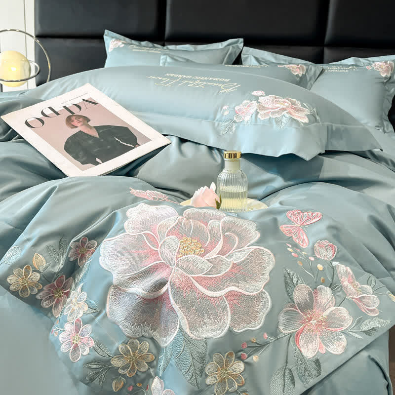 Floral & Butterfly Embroidered Cotton Bedding Set(4PCS) - image 8