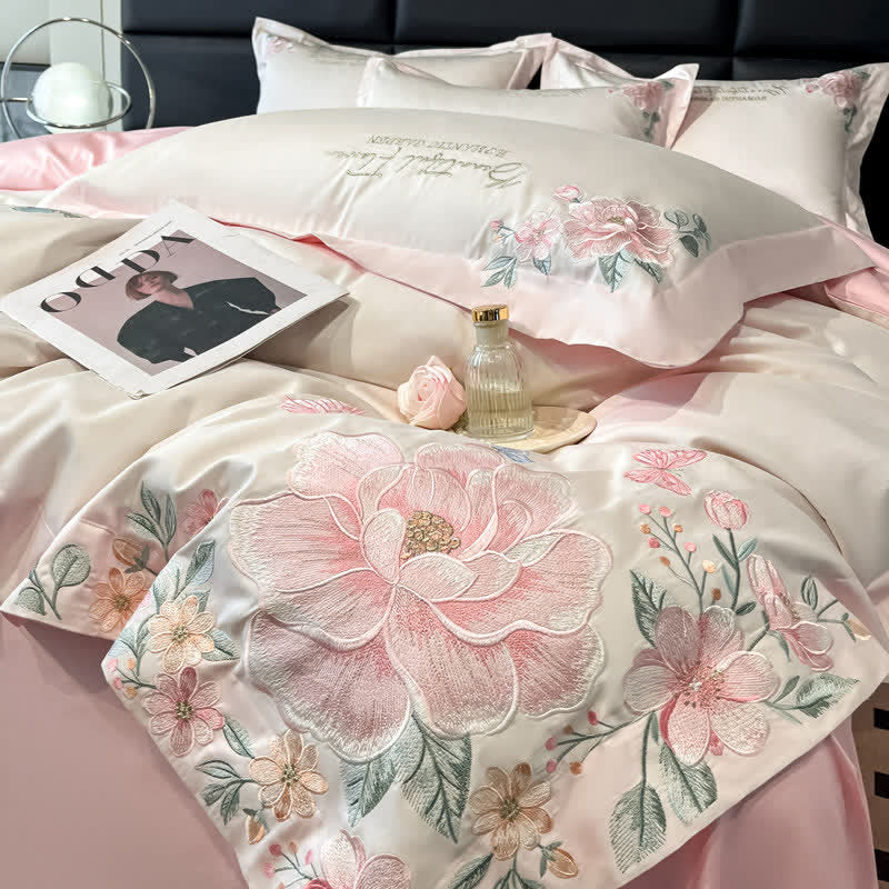 Floral & Butterfly Embroidered Cotton Bedding Set(4PCS) - image 1