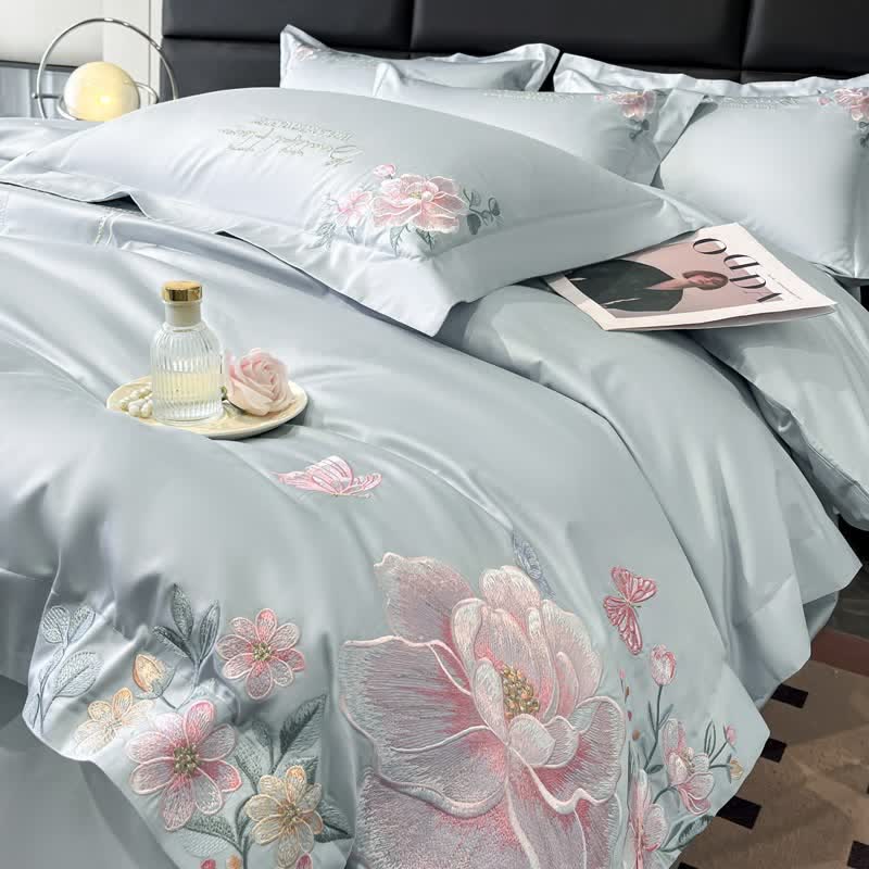 Floral & Butterfly Embroidered Cotton Bedding Set(4PCS) - Light Blue - King - image 5