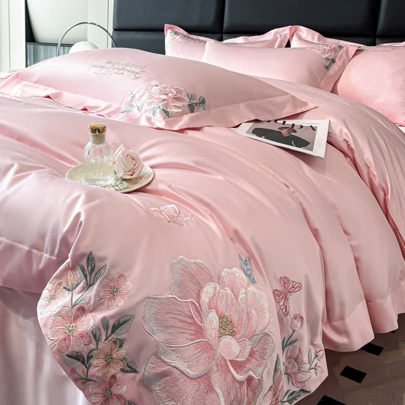 Floral & Butterfly Embroidered Cotton Bedding Set(4PCS) - Pink - King - image 9