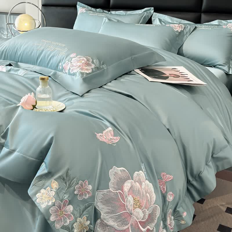 Floral & Butterfly Embroidered Cotton Bedding Set(4PCS) - Blue - King - image 7