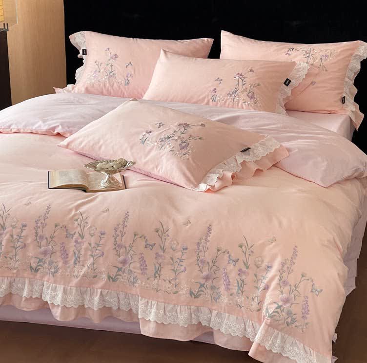 Wildflower Embroidery Ruffled Lace Cotton Bedding(4PCS) - image 2