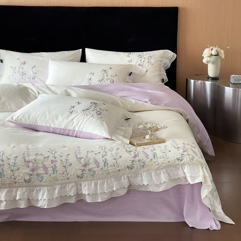 Wildflower Embroidery Ruffled Lace Cotton Bedding(4PCS) - White - King - image 9
