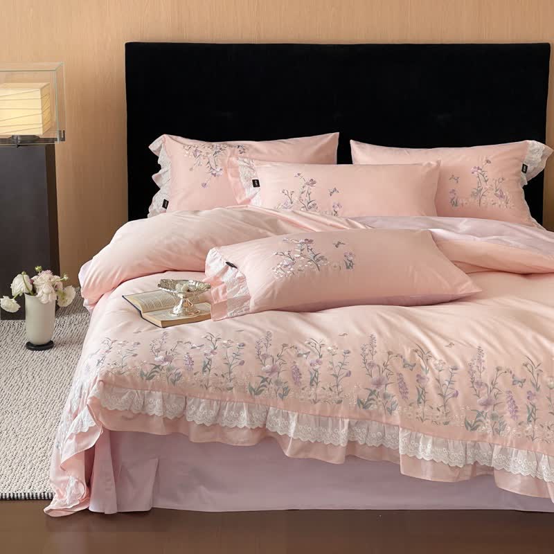 Wildflower Embroidery Ruffled Lace Cotton Bedding(4PCS) - Pink - King - image 1