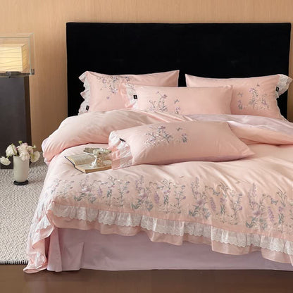 Wildflower Embroidery Ruffled Lace Cotton Bedding(4PCS) - Pink - King - image 1