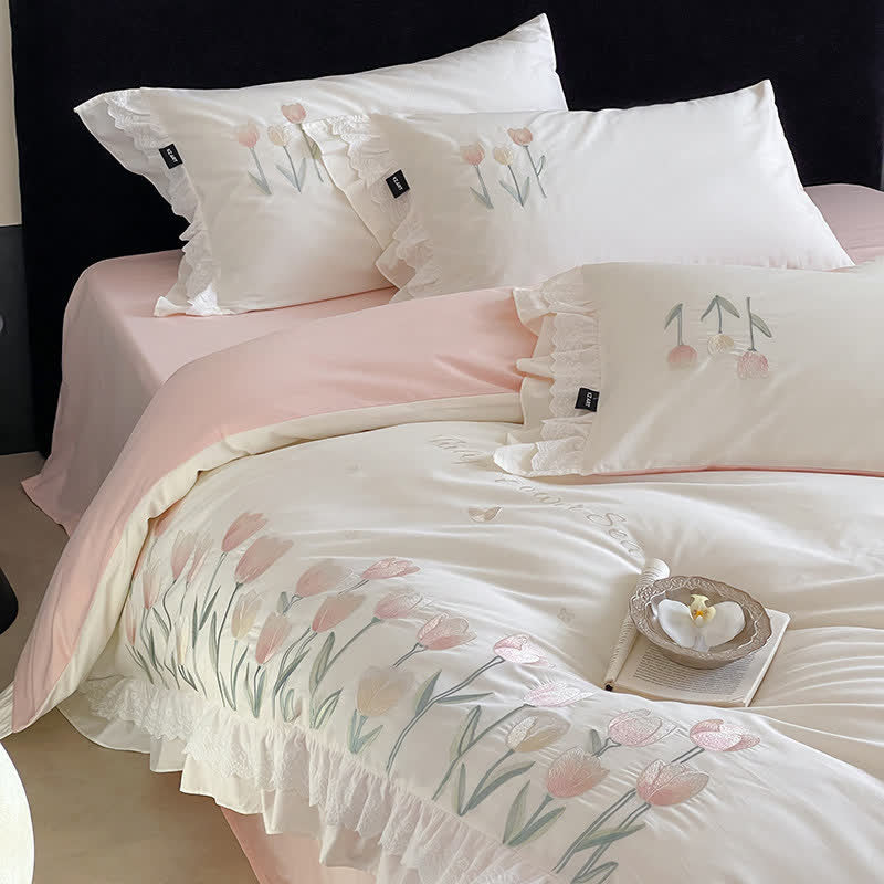 Tulip Embroidery Ruffled Lace Cotton Bedding(4PCS) - image 4