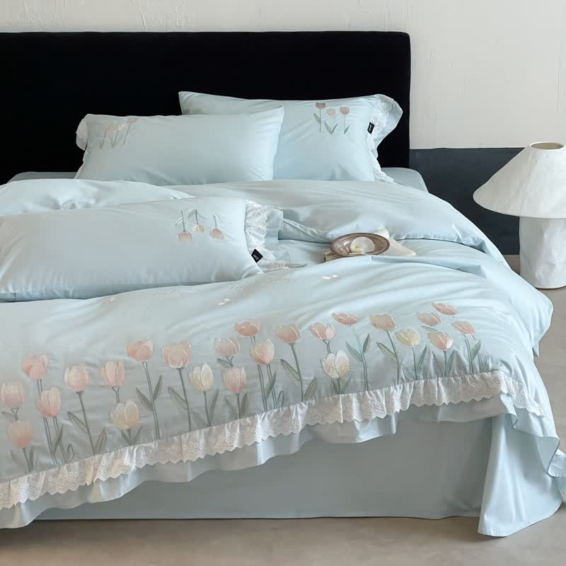 Tulip Embroidery Ruffled Lace Cotton Bedding(4PCS) - Blue - King - image 12