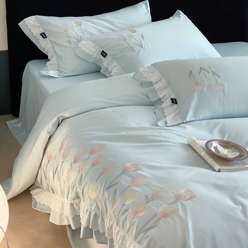 Tulip Embroidery Ruffled Lace Cotton Bedding(4PCS) - image 15