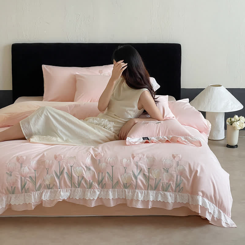 Tulip Embroidery Ruffled Lace Cotton Bedding(4PCS) - image 8