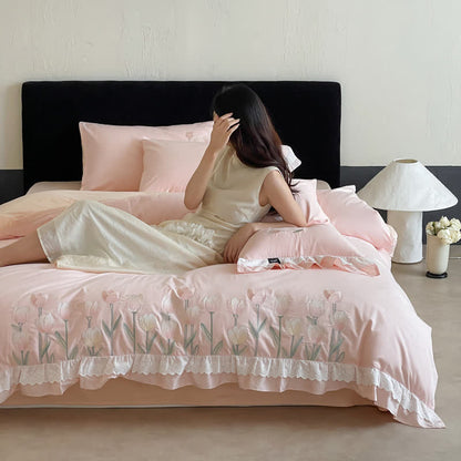 Tulip Embroidery Ruffled Lace Cotton Bedding(4PCS) - image 8