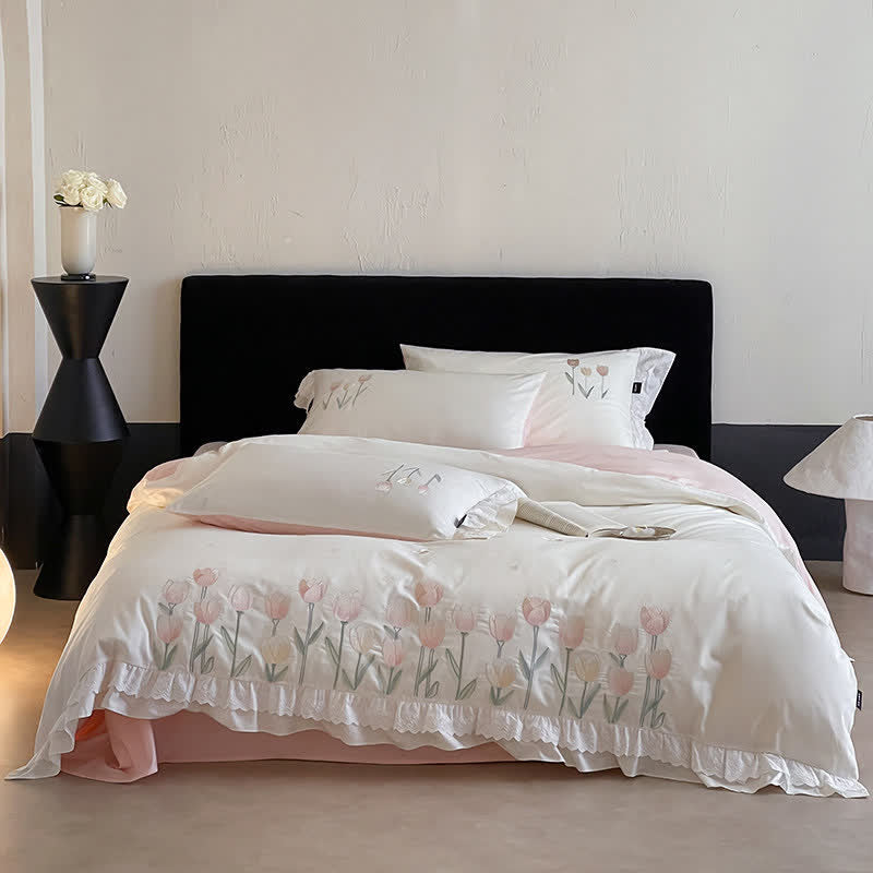 Tulip Embroidery Ruffled Lace Cotton Bedding(4PCS) - image 1