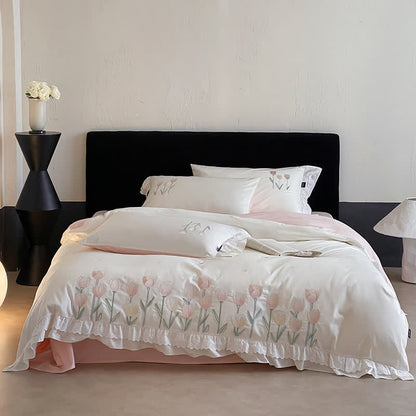 Tulip Embroidery Ruffled Lace Cotton Bedding(4PCS) - image 1