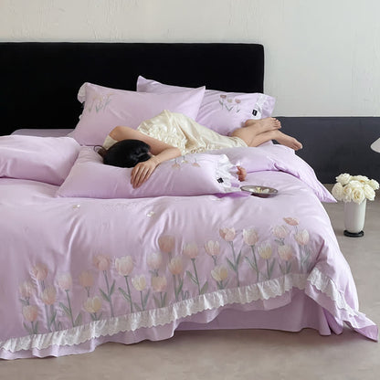 Tulip Embroidery Ruffled Lace Cotton Bedding(4PCS) - Purple - King - image 17