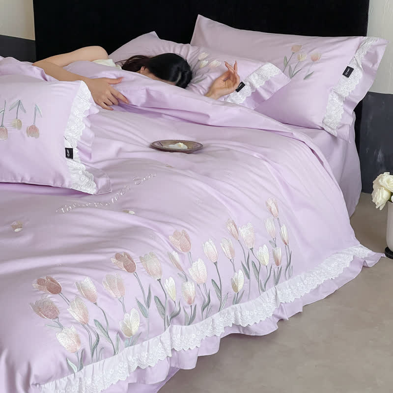 Tulip Embroidery Ruffled Lace Cotton Bedding(4PCS) - image 18