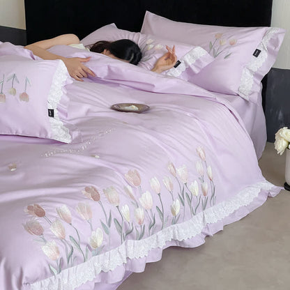 Tulip Embroidery Ruffled Lace Cotton Bedding(4PCS) - image 18