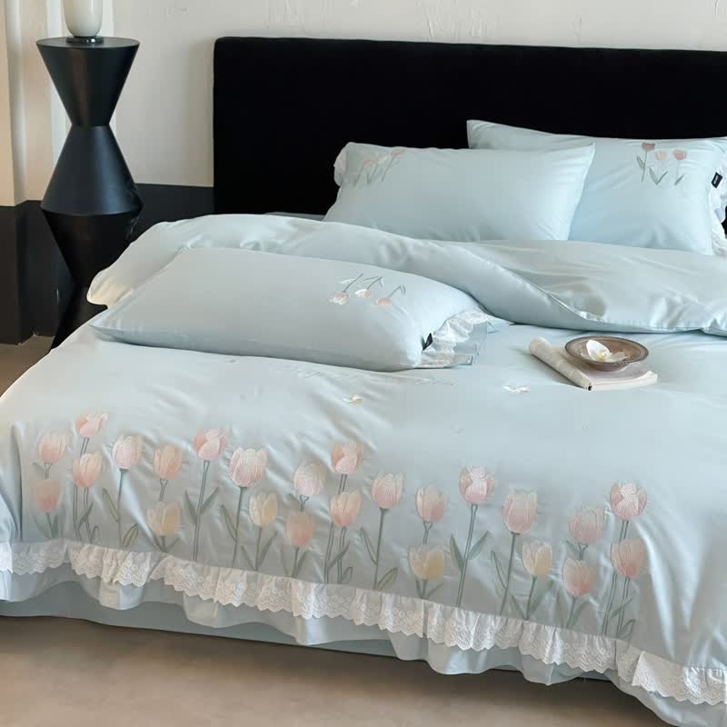Tulip Embroidery Ruffled Lace Cotton Bedding(4PCS) - image 16