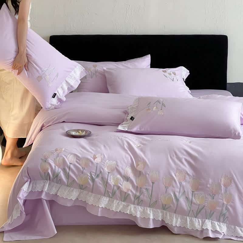 Tulip Embroidery Ruffled Lace Cotton Bedding(4PCS) - image 19