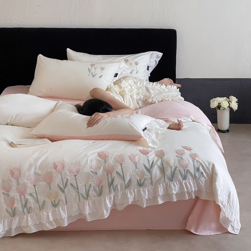 Tulip Embroidery Ruffled Lace Cotton Bedding(4PCS) - image 2