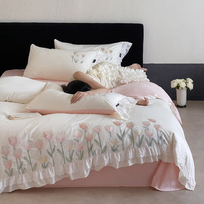 Tulip Embroidery Ruffled Lace Cotton Bedding(4PCS) - image 2