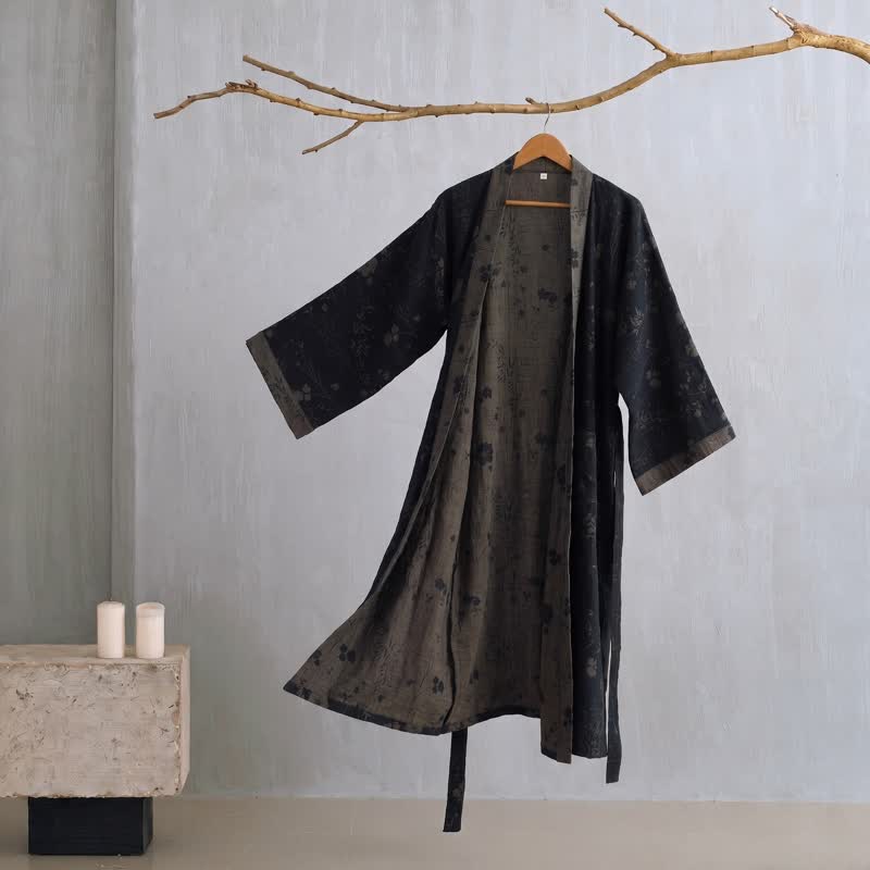 Garden Floral Organic Cotton Kimono Robe - Navy Blue - 2XL - image 14