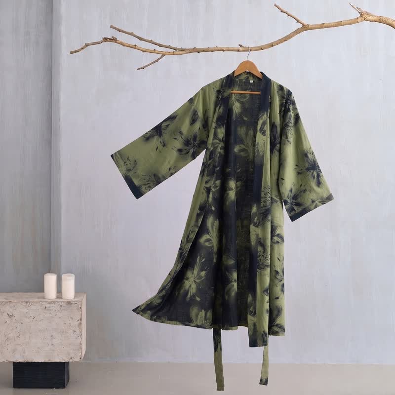 Watercolor Floral Organic Cotton Kimono Robe - Green - 2XL - image 21