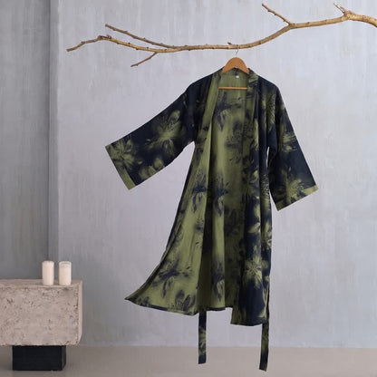 Watercolor Floral Organic Cotton Kimono Robe - Dark Green - 2XL - image 14
