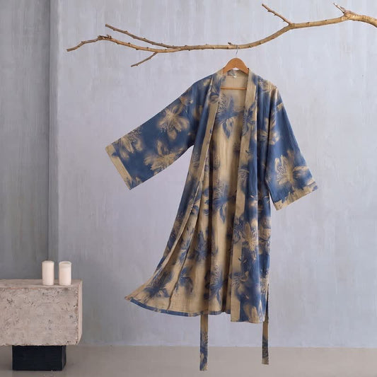 Watercolor Floral Organic Cotton Kimono Robe - Blue - 2XL - image 0