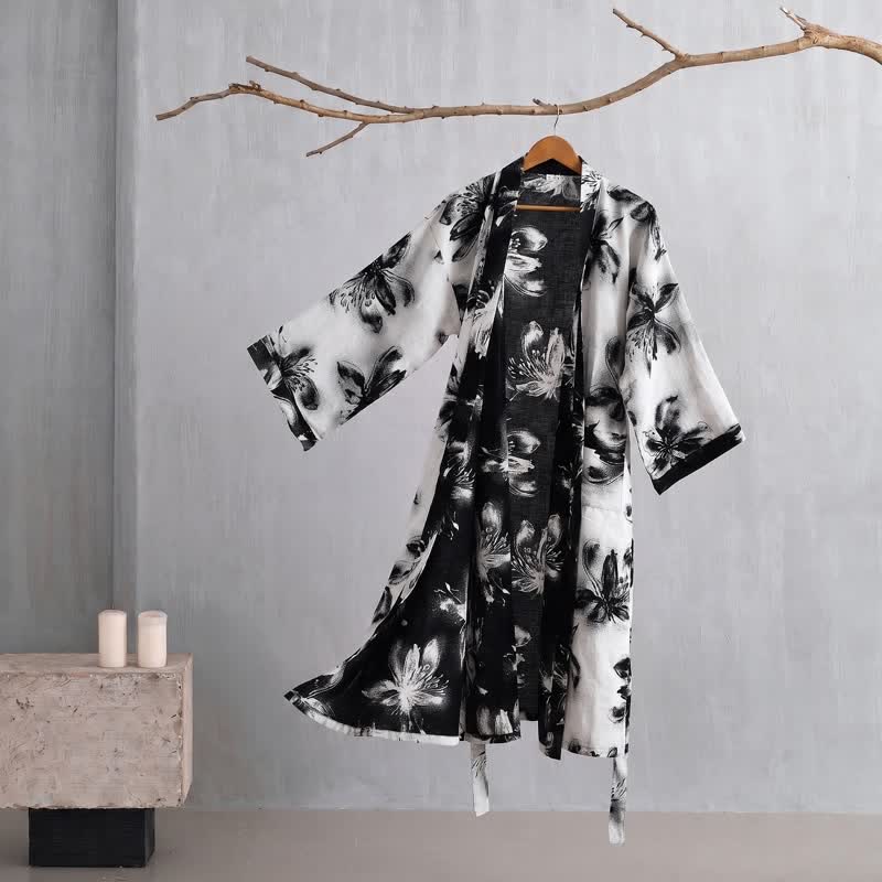 Watercolor Floral Organic Cotton Kimono Robe - Beige - 2XL - image 31