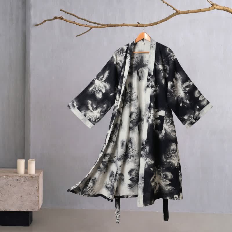 Watercolor Floral Organic Cotton Kimono Robe - Black - 2XL - image 26