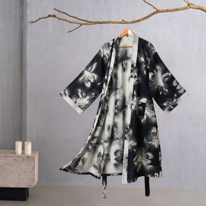 Watercolor Floral Organic Cotton Kimono Robe - Black - 2XL - image 26