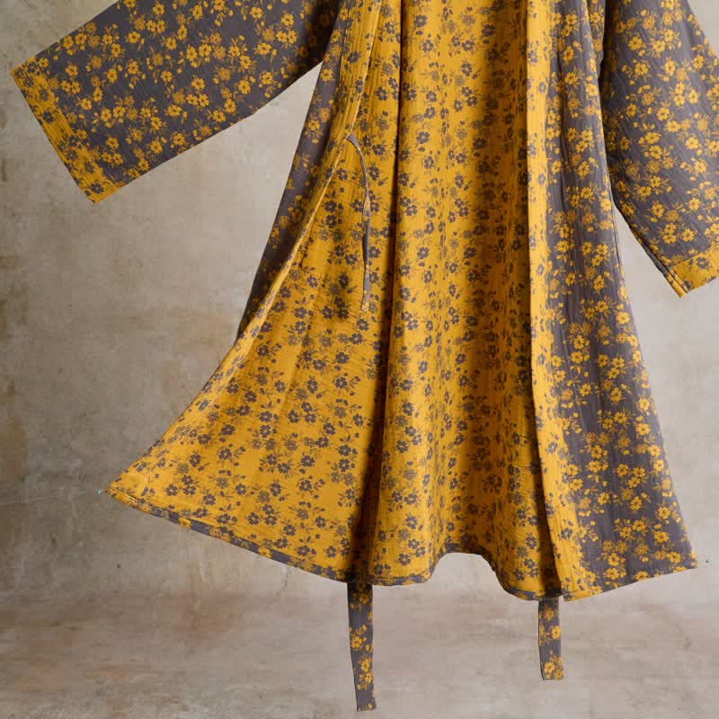 Yellow Floral Cotton Gauze Kimono Robe - image 4