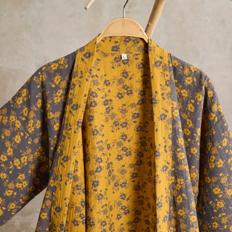 Yellow Floral Cotton Gauze Kimono Robe - image 3